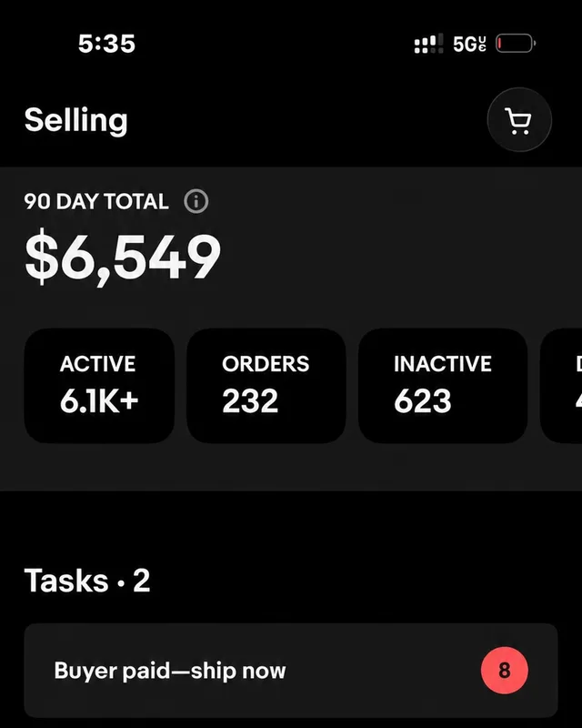 eBay Selling dashboard: $6,549 in 90 days, 6,100 active listings, 232 orders