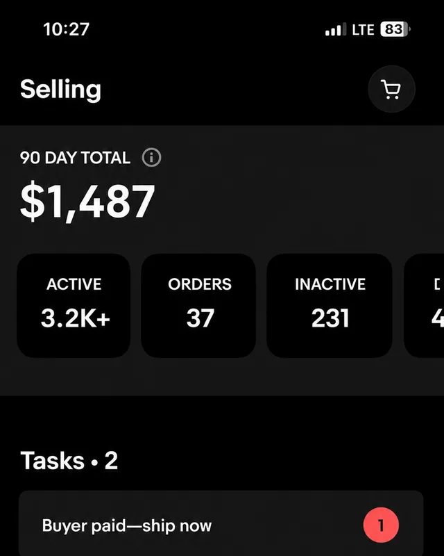 eBay Selling dashboard: $1,487 in 90 days, 3,200 active listings, 37 orders